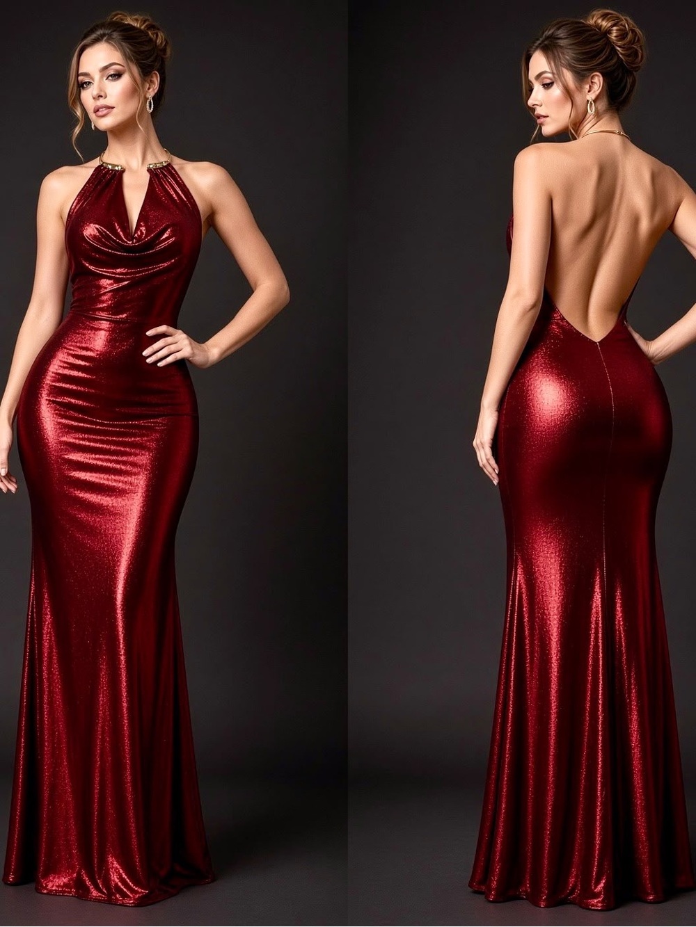 Elegant Backless Halter Evening Gown - Burgundy